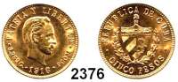 AUSLÄNDISCHE MÜNZEN,Kuba 5 Pesos 1916. (7,52 g fein). Schön 13. KM 19. Fb. 4. GOLD