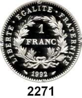 AUSLÄNDISCHE MÜNZEN,Frankreich 5. Republik seit 19581 Franc 1992. 200 Jahre Französische Revolution. Schön 296. KM 1005. Im Originaletui mit Zertifikat.