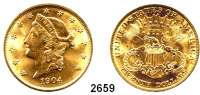 AUSLÄNDISCHE MÜNZEN,U S A 20 Dollars 1904, Philadelphia (30,09 g fein). Schön 111. KM 74. Fb. 177. GOLD