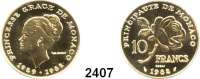AUSLÄNDISCHE MÜNZEN,Monaco Rainier 1949 - 200510 Francs 1982 ESSAI (17,89 g fein).  Gracia Patricia .  Schön 38.  KM 160.   GOLD  Im Originaletui mit Zertifikat.