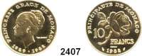 AUSLÄNDISCHE MÜNZEN,Monaco Rainier 1949 - 200510 Francs 1982 ESSAI (17,89 g fein). Gracia Patricia . Schön 38. KM 160. GOLD Im Originaletui mit Zertifikat.