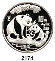 AUSLÄNDISCHE MÜNZEN,China Volksrepublik seit 194910 Yuan 1993 P (Silberunze). Panda mit Jungtier am Gewässer. Schön 523. KM 478 In Kapsel. Im Originaletui mit Zertifikat.