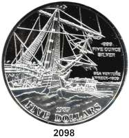 AUSLÄNDISCHE MÜNZEN,Bermuda 5 Dollars 1987 (Silber, 5 Unzen).  Segelschiff 