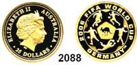 AUSLÄNDISCHE MÜNZEN,Australien 25 Dollars 2006 (7,77 g fein). Fußball WM 2006 - Känguru und Spieler auf Fußball. Schön 987. KM 869. Fb. 102. GOLD