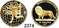 AUSLÄNDISCHE MÜNZEN,Kongo - Kinshasa 25 Francs 2007 (4,56 g fein). Fußball WM 2006 - Spieler beim Torjubel. GOLD