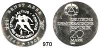 Deutsche Demokratische Republik   PP-Patina !!!!!, 20 Mark 1980.      Abbe Mit Gegenstempel (PP) auf der Vorderseite : Zwei Sportler und Umschrift : CITIUS ALTIUS FORTIUS 1980 MOSCOW GAMES.   Römische Ziffer : XIX (Falsche Zahl !).   Aus Anlaß der boykottierten Olympischen Spiele von Moskau.  Limitierte Auflage 400 Stück.  Im Originalrahmen.