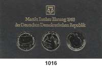 Deutsche Demokratische Republik   PP-Patina !!!!!,Thematische Sätze Martin-Luther-Ehrung der DDR  5 Mark 1983  Wartburg , Luthers Geburtshaus in Eisleben, Schloßkirche in Wittenberg.  Im Münzrahmen mit Aufschrift 