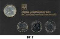 Deutsche Demokratische Republik   PP-Patina !!!!!,Thematische Sätze Martin-Luther-Ehrung der DDR  20 Mark 1983  Martin Luther; 5 Mark 1982  Wartburg, 5 Mark 1983  Luthers Geburtshaus in Eisleben und Schloßkirche in Wittenberg.  Im Münzrahmen mit Aufschrift 