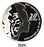 AUSLÄNDISCHE MÜNZEN,E U R O - P R Ä G U N G E N Frankreich20 Euro 2008. (Silber, 5 Unzen). 50 Jahre Fünfte Republik - Charles de Gaulle. Schön 992. KM 1540. Im Originaletui mit Zertifikat.
