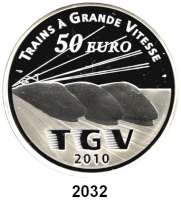 AUSLÄNDISCHE MÜNZEN,E U R O - P R Ä G U N G E N Frankreich50 Euro 2010. (Silber, 5 Unzen). Eisenbahn TGV. Schön 1137. KM 1703. Im Originaletui mit Zertifikat.