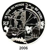 AUSLÄNDISCHE MÜNZEN,E U R O - P R Ä G U N G E N Frankreich20 Euro 2005. (Silber, 5 Unzen). Jules Verne - In 80 Tagen um die Welt. Schön 814. KM 2030. Im Originaletui mit Zertifikat.