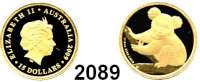 AUSLÄNDISCHE MÜNZEN,Australien Elisabeth II. seit 195215 Dollars 2009. (3,11 g. fein). Koala in Astgabel. Schön 1474. KM 1114. GOLD Im Originaletui mit Zertifikat.