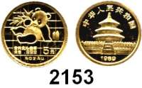 AUSLÄNDISCHE MÜNZEN,China Volksrepublik seit 19495 Yuan 1989. (1/20 UNZE 1,55 g. fein). Panada mit Bambuszweig. Schön 219. KM 183. Fb. B 8. Verschweißt. GOLD