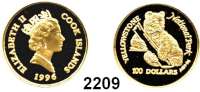AUSLÄNDISCHE MÜNZEN,Cook Islands 100 Dollars 1996. (7,78 g. fein). Yellowstone National Park - Graubär. Schön 379. KM 388. Fb. B 11. GOLD
