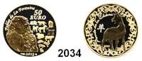 AUSLÄNDISCHE MÜNZEN,E U R O - P R Ä G U N G E N Frankreich50 Euro 2015. (7,77 g fein). La Fontaine - Jahr der Ziege. KM 2325. GOLD