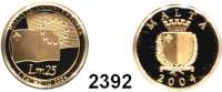 AUSLÄNDISCHE MÜNZEN,Malta 25 Pfund 2004. (3,66g FEIN). Malta als Mitglied der Europäischen Union. Schön 120. KM 122. Fb. 72. Im Originaletui mit Zertifikat. GOLD