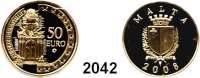 AUSLÄNDISCHE MÜNZEN,E U R O - P R Ä G U N G E N Malta50 EURO 2008. (5,95 g fein). Portal zur Herberge der Ordensritter achter Zunge de Castille in Valletta. Schön 134. KM 137. Fb. 74. Im Originaletui mit Zertifikat. GOLD