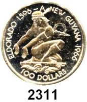 AUSLÄNDISCHE MÜNZEN,Guyana 100 Dollars 1976 (2,87 g fein).  10 Jahre Unabhängigkeit. Schön 46.  KM 46.  Fb. 1.  In Originalklapptasche.  GOLD