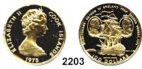 AUSLÄNDISCHE MÜNZEN,Cook Islands 100 Dollars 1975 (8,64 g fein). Portäts von James Cook und George III. vor Segelschiff. Schön 15. KM 13. Fb. 2. Im Originaletui mit Zertifikat. GOLD
