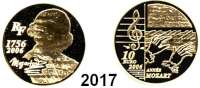AUSLÄNDISCHE MÜNZEN,E U R O - P R Ä G U N G E N Frankreich10 Euro 2006 (7,77 g fein). 250. Geburtstag von Wolfgang Amadeus Mozart. Schön 868. KM 2063. Fb. 808. Im Originaletui mit Zertifikat. GOLD