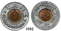 Notmünzen; Marken und Zeichen,0 Ohne OrtsangabeLanz.  Glückspfennig o.J..  1 Pfennig 1973 F in Aluminiumring eingelegt.  34,7 mm.