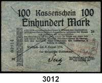 P A P I E R G E L D,D E U T S C H E      K O L O N I E N Deutsch - Südwestafrika100 Mark 8.8.1914.  Ros. DSW-5 b.  Strichentwertung.  Roter Kastenstempel : Kolonialhauptkasse 