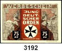 P A P I E R G E L D   -   N O T G E L D,Schleswig - Holstein KielJungdeutscher Orden.  Bruderschaft Kiel.  75 Pfennig.  1, 1,50, 2 und 3 Mark 0.D.(1921).  G/M 694.1.  LOT 5 Scheine