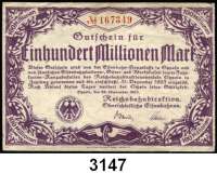 P A P I E R G E L D   -   N O T G E L D,Reichsbahn Oppeln1 Million Mark 16.8.1923.  500 Millionen Mark 27.9.1923.  20 und 100 Millionen Mark 28.9.1923.  Müller/Geiger/Grab.  019.4 a, 5 b, 6 c, 8.  LOT 4 Scheine.