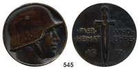M E D A I L L E N,Weltkrieg Bronzegußmedaille 1917 (Schenkel).  Für Heimat und Ehre.  Kopf eines Soldaten mit Stahlhelm. / Schwert teilt Text, unten Medailleurssignatur.  45,3 mm.  43,5 g.