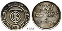 Notmünzen; Marken und Zeichen,0 U.S.A.Tiffany & Co.  25 Dollars-Token o.J.  Silber, Sterling.  Mit punzierter lfd. Nummer.  Randpunze : TIFFANY & COMPANY STERLING.  38 mm.  27,18 g.