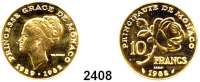 AUSLÄNDISCHE MÜNZEN,Monaco Rainier 1949 - 200510 Francs 1982 ESSAI.  (17,89 g fein).  Gracia Patricia .  Schön 38 c.  KM E 74.  GOLD