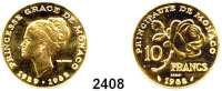 AUSLÄNDISCHE MÜNZEN,Monaco Rainier 1949 - 200510 Francs 1982 ESSAI. (17,89 g fein). Gracia Patricia . Schön 38 c. KM E 74. GOLD