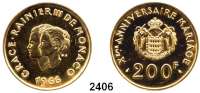 AUSLÄNDISCHE MÜNZEN,Monaco Rainier 1949 - 2005200 Francs 1966. (29,44 g fein). 10. Hochzeitstag von Fürst Rainier III. und Gracia Patricia . Schön 29. KM 148. Fb. 32. GOLD