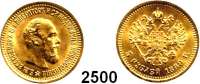 AUSLÄNDISCHE MÜNZEN,Russland Alexander III. 1881 - 18945 Rubel 1889, St. Petersburg. (5,8g fein). Bitkin 33. Schön 134. Y. 42. Fb. 168. GOLD