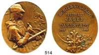 M E D A I L L E N,Medailleur Heinrich Kautsch (1859 - 1943) 1907.  Ovale Bronzemedaille.  Schiessverein Deutscher Jäger Darmstadt.  44 x 50 mm.  47,7 g.