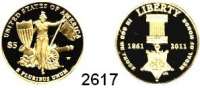 AUSLÄNDISCHE MÜNZEN,U S A 5 Dollars 2011, West Point (7,52 g FEIN).  150 Jahre Ehrenmedaille (Medal of Honor) der Vereinigten Staaten.   Schön 509.  KM 505.  Im Originaletui mit Zertifikat.  GOLD