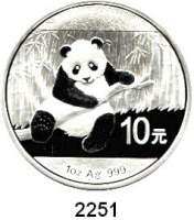 AUSLÄNDISCHE MÜNZEN,China Volksrepublik seit 194910 Yuan 2014 (Silberunze).  Panda mit Zweig.