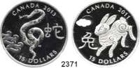 AUSLÄNDISCHE MÜNZEN,Kanada LOTS     LOTS     LOTS10 Dollars 2013;  15 Dollars 2010, 2011, 2012, 2013.  Jahr des Tigers, Hasen, Drachen und der Schlange(2).  Schön 905.  KM 1032, 1094, 1183, 1299, 1358.  Jeweils im Originaletui mit Zertifikat.  SATZ 5 Stück.