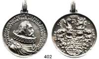 M E D A I L L E N,Personen Philipp Ernst zu Hohenlohe-Neuenstein (1550-1606)Silbergußmedaille 1604 (Nachguß, Randpunze BAS 925).  Generalleutnant der holländischen, seeländischen und westfriesischen Truppen.  Brb. n. r. / Wappen und Umschrift 