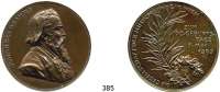 M E D A I L L E N,Personen Brahms, JohannesBronzemedaille 1893 (Anton Scharff).  Zum 60. Geburtstag.  Widmung der Gesellschaft der Musikfreunde Wiens.  Brustbild n. r. / Schrift neben Palmzweig und Lorbeerkranz, kl. Wappenschild  mit Schwan.  58,3 mm.  83,89 g.  Niggl 405.