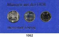 Deutsche Demokratische Republik,Thematische Sätze  Messestadt Leipzig  10 Mark  Neues Gewandhaus in Leipzig; 5 Mark  Altes Rathaus in Leipzig und Thomaskirche in Leipzig.  Im Münzrahmen mit Aufschrift 