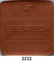 MEDAILLEN AUS PORZELLAN,Moderne Medaillen - Staatliche Porzellanmanufaktur MEISSEN Berlin Braune Plakette 1975 (97 x 97 mm).  Zentralrat der FDJ - Überreicht zum Ehrendiplom.  W. 6052.  Im Etui.