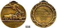 M E D A I L L E N,Luftfahrt - Raumfahrt Flugzeuge Bronzemedaille 1916.  Flugabwehr im Kriege.  Flugabwehrgeschütz auf Lastkraftwagen montiert, in Feuerstellung, darüber Doppeldecker n. r. /  4 Textzeilen im Eichenkranz 