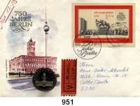 Deutsche Demokratische Republik,  5 Mark 1987.   Rotes Rathaus Berlin.  Im Numisbrief (Poststempel : 08.09.87-11).  Gelaufen als Wertbrief (17,- M) innerhalb von Calbe/Saale.  Beigegeben Einlieferungsschein 5.4.88