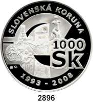 AUSLÄNDISCHE MÜNZEN,Slowakei  1000 Korun 2008.  Abschied von der Slowakischen Krone.  Schön 92.  KM 94.  Im Originaletui mit Zertifikat.