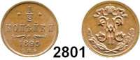 AUSLÄNDISCHE MÜNZEN,Russland Nikolaus II. 1894 - 1917 1/4 Kopeke 1897 und 1/2 Kopeke 1895, St. Petersburg.  Bitkin 266 und 296.  Y. 47.1 und 48.1.  LOT 2 Stück.