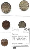 Deutsche Münzen und Medaillen,Sachsen LOTS     LOTS     LOTS Vikariats-Doppelgroschen 1792; 1/6 Sterbe-Taler 1827; 1 Pfennig 1863; 2 Pfennig 1869 und 1 Neugroschen 1870.  LOT 5 Stück.