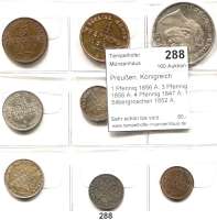 Deutsche Münzen und Medaillen,Preußen, Königreich L O T S     L O T S     L O T S 1 Pfennig 1856 A; 3 Pfennig 1856 A; 4 Pfennig 1847 A; 1 Silbergroschen 1852 A, 1856 A; 2 1/2 Silbergroschen 1848 A, 1870 A und Siegestaler 1871.  LOT 8 Stück.