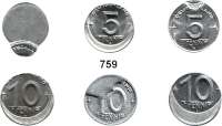 Deutsche Demokratische Republik,Kleinmünzen Verprägungen und Kuriositäten 5 Pfennig.  Schrötling mit Stauchung; 1948 A dezentriert (15 %); dezentriert (90 %); 1952 A außerhalb des Rings geprägt (20,7 mm); 10 Pfennig Schrötling mit Stauchung; 1948 A dezentriert (15 %) und (25 %); 1948 A großflächige Verprägung sowie Aluminium Rohling 1,3 g.  LOT 9 Stück.
