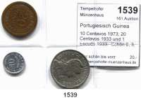 AUSLÄNDISCHE MÜNZEN,Portugiesisch Guinea  10 Centavos 1973; 20 Centavos 1933 und 1 Escudo 1933.  Schön 8, 3, 5.  KM 12, 3, 5.  LOT 3 Stück.